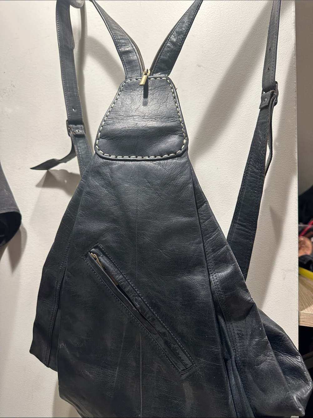 Black Leather Sling Backpack